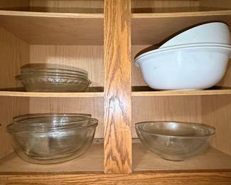 Vintage Pyrex and Fire King Clear Glass Mixing Bowls and Casserole Dishes