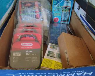 Assorted Hardware and Tool Lot with Chicago Electric Plunge Router, Mack Bottle Jack, and Oregon Saw Chains