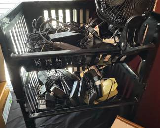 Assorted Electronic Cables and Accessories in Two-Tier Storage Cart