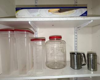 Assorted Plastic Storage Containers, Stainless Steel Sifter and Shaker, and Progressive Pastry Mat