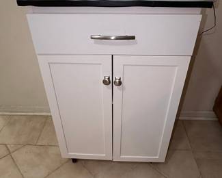White Kitchen Island Cart with Dark Top, Drawer, and Cabinet