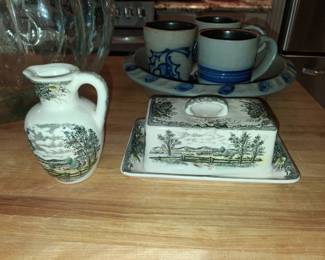 Vintage colored scene butterdish and matching pitchur