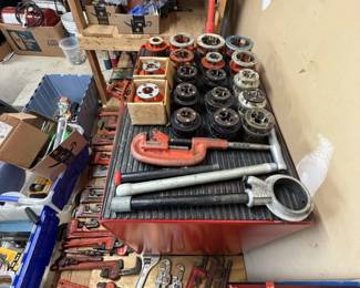 RIDGID & TOLEDO heavy duty pipe wrenches, pipe threading die heads, pipe cutters, ratchet handle & related tools & items Custom pipe fitter's rolling cabinet w/drawers PVC pipe & connectors Copper pipe connectors Various pipe fitting tools and supplies