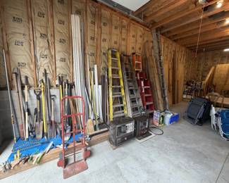 Yard Tools, PVC Pipe, various Ladders, Moving Dolly