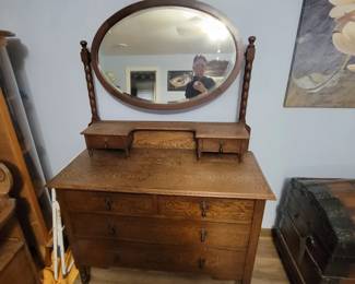 Antique Oak Dresser with Oval Mirror and Glove Boxes