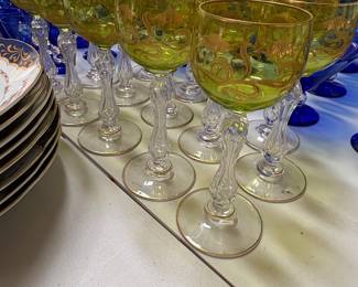 Antique Saint-Louis chartreuse green & gold crystal glasses