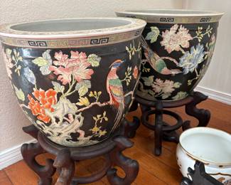 Large Chinese Famille Noir porcelain fishbowl planters