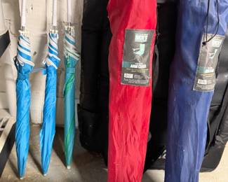 Folding camping chairs, sun umbrellas