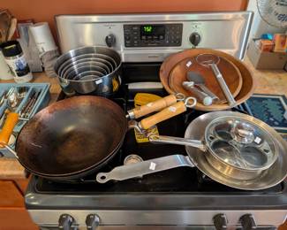 wooden bowls, woks, aluminum pans