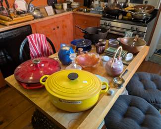 le creuset, lodge, pottery, cast iron pans
