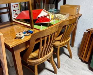 Vintage oak desk table and two chairs.