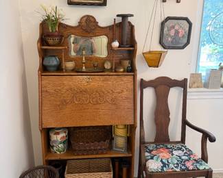 Beautiful oak drop down secretary with mirror.