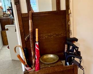 Quarter sawn oak hall tree with mirror.