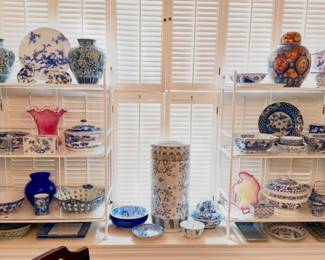 Pretty blue and white with Fenton cranberry glass.