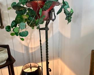 Arts and crafts wroght iron plant stand with copper bucket.