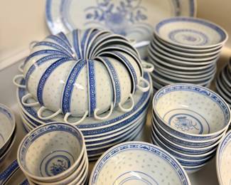 huge amount of vintage Jingdezhen blue and white rice grain china.