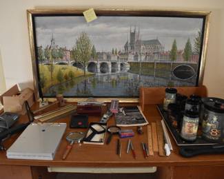 office supplies, pharmacy cups, painting, office desk