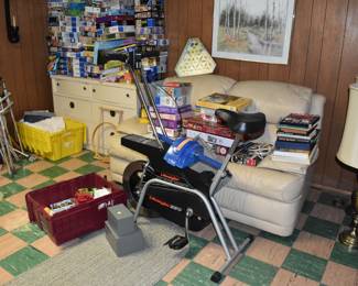 workout equipment, leather couch, walker, canes, lamps, lots of puzzles