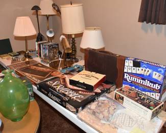 board games, lamps, glassware