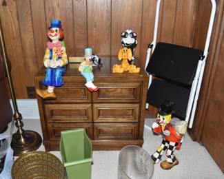 clowns, side table dresser, trash bins, step stool, standing lamp