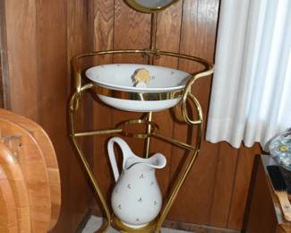 antique wash basin, oak tv trays/tables