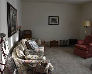 antique furniture, paintings, clear sled, standing lamp, folding chairs