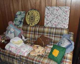 hand crafted decorations, wood clocks, antique dart board