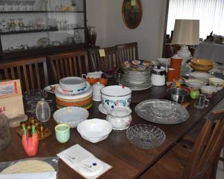 dishes, large kitchen table with leaves, kitchen chairs