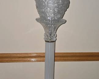 PAIR of vintage Hollywood Regency-style crystal and frosted glass torchiere table lamps featuring an etched floral shade and square onyx base