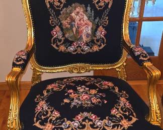 4 ARMCHAIRS - French Louis XV-style giltwood upholstered in navy blue Aubusson-style tapestry