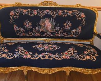 SETTEE - French Louis XV-style giltwood upholstered in navy blue Aubusson-style tapestry
