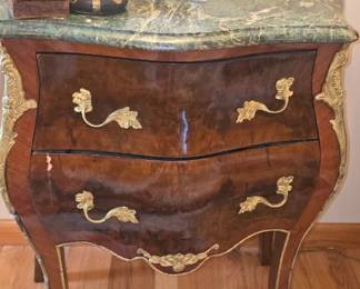 PAIR of vintage French Kouis XV style bomber two-drawer commode featuring green marble top