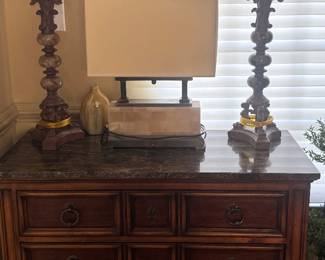 Ethan Allen Marble Top Console Table and Marble Lamps