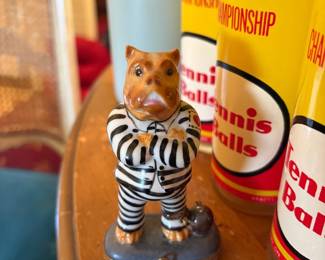 Limoges Chamart Figural Trinket Box:  Hinged porcelain trinket box in the form of a bear/dog 'prisoner' in black-and-white striped uniform with ball-and-chain, on footed base; marked 'Limoges France, Peint Main, Chamart Exclusif, Destival' on underside