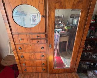 Antique Burl Walnut Mirrored Wardrobe/Armoire:  Large antique wardrobe with burl walnut veneer, oval beveled mirror on left door, full-length mirror on right door, bank of 8 drawers, and molded plinth base.
