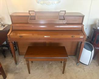 Baldwin Acrosonic Spinet Piano with Bench:  Walnut/fruitwood spinet piano with fold-down cane music panel and matching bench; consecutive photos show full piano and close-up of the 'Baldwin' and 'Acrosonic' nameplates.