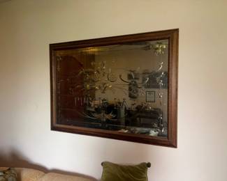'Public Bar' etched glass pub mirror:  Wood-framed mirror with silvered etched decoration reading 'PUBLIC BAR' surrounded by scrolling floral etched motifs, English pub-advertising style.