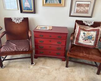 Pair of Chippendale-style velvet armchairs:  Matching pair of mahogany-frame open armchairs (Gainsborough/library chair form) upholstered in rust-brown velvet