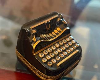Antique typewriter Limoges box, backstamp confirmed:  Black-and-gold hinged porcelain box modeled as a vintage typewriter with an AZERTY (French) keyboard layout painted in fine detail. Backstamp,