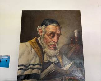Oil painting - elderly rabbi reading by candlelight, signed Polczer Lajos