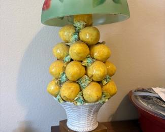 Ceramic lemon topiary table lamp with painted glass dome shade:  Italian-style glazed ceramic lemon 'topiary' lamp on a woven-basket ceramic base and gilt wood plinth, topped with a frosted glass dome shade hand-painted with red roses.