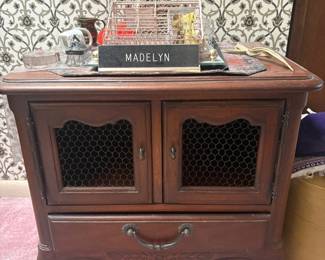 Drexel French Provincial Wire-Front Cabinet:  Small fruitwood French Provincial side cabinet/nightstand with chicken-wire mesh cabinet doors over a single drawer, cabriole legs; drawer stamped 'by Drexel Reg. Trade Mark' 