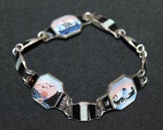 Vintage sterling silver Norwegian enamel scene panel bracelet by Bernard