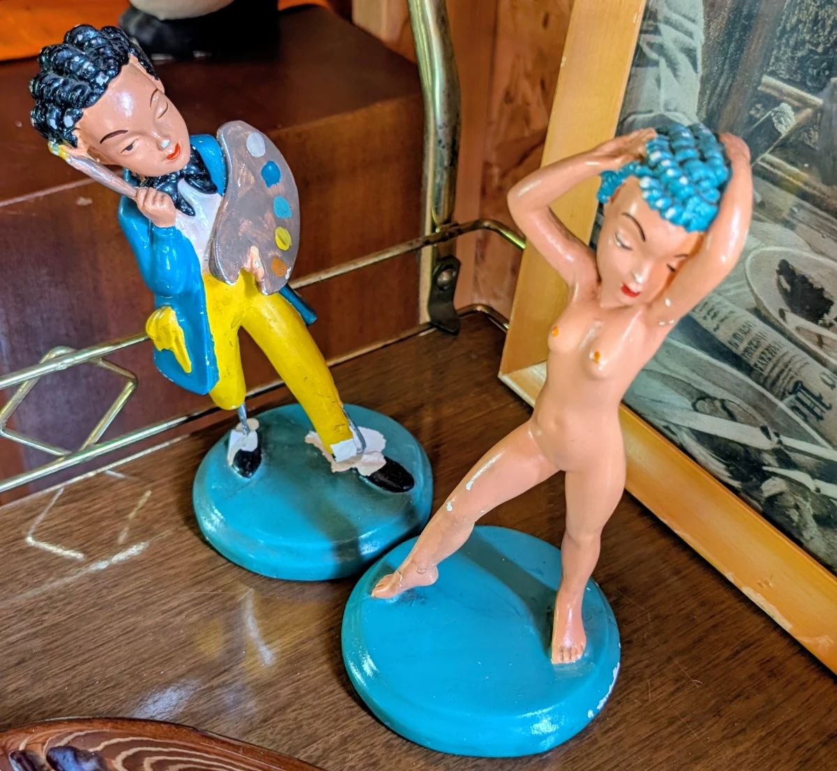 Blue haired nude woman chalkware with artist!