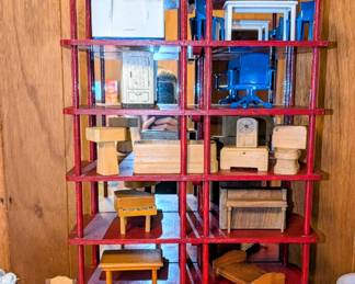Small wall shelf with glass and lots of vintage dollhouse furniture