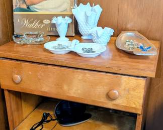 Vintage bedside stand and vintage Fenton glass
