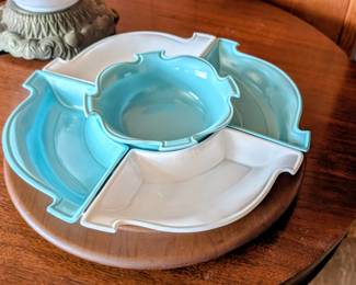 Vintage California pottery party server on lazy Susan