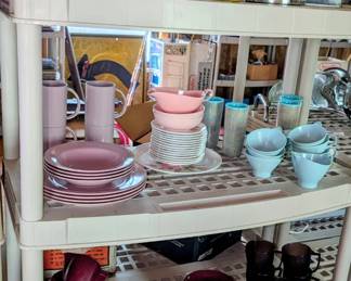 Sets of vintage plastic dishes and bascal aluminum cups