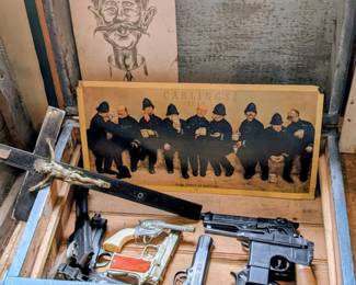 Vintage wooden trunk - Vintage toy guns - Vintage curling ale print!