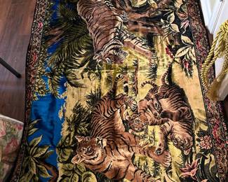 #135 Rabano on/cotton made in Le rug 48x72 of tigers blue, tan cream $75.00